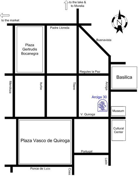 Location map of Galerias del Arcangel in Patzcuaro.